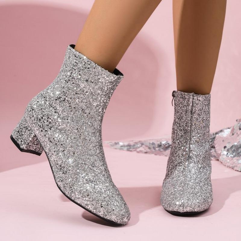 Large size medium heel sequined fashion women's boots autumn new side zipper silver versatile fashion boots