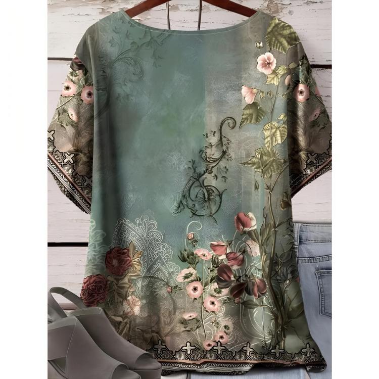Women Plus Size Floral Print T-Shirt Relaxed Fit Short Sleeve Vibrant Pattern Spring Summer Outings Casual Comfortable Top
