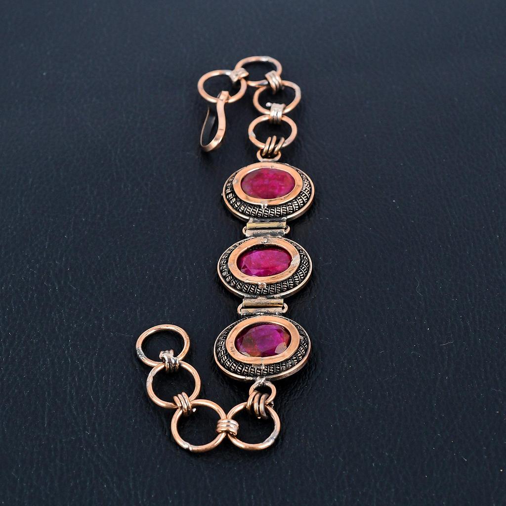 Ruby Bracelet, 999 Copper Wire Wrapped Jewelry, Gemstone Bracelet Whit Adjustable Chain Gift For Her, Handmade Dainty Jewelry