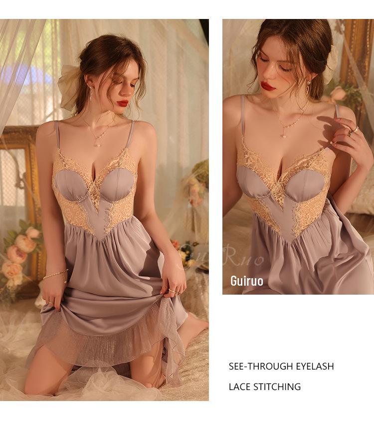 Elegant Satin & Lace Deep V Backless Nightgown and Robe Set J3343