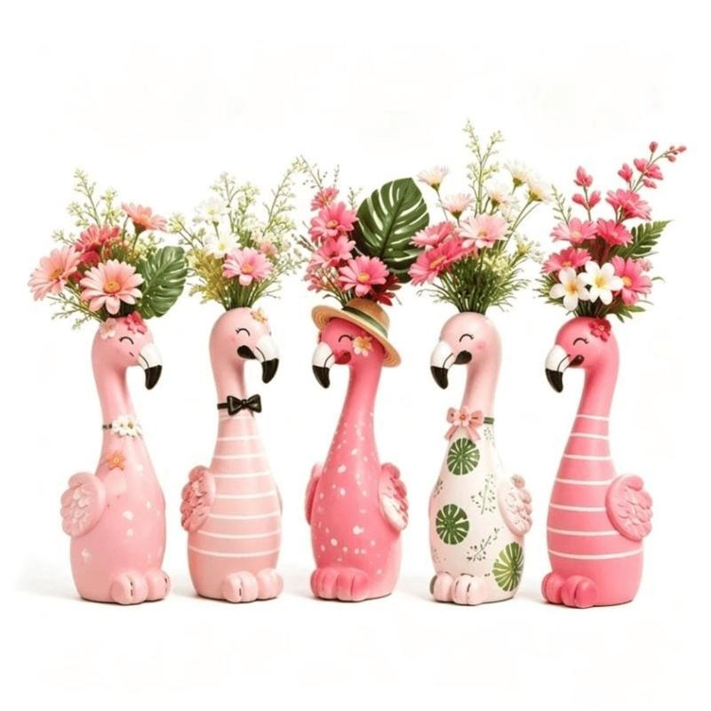 Cartoon Flamingo Decorative Vases In Resin, Whimsical Long Neck Bird Figurine for Styling Shelves, Desks, and Nightstands Displays
