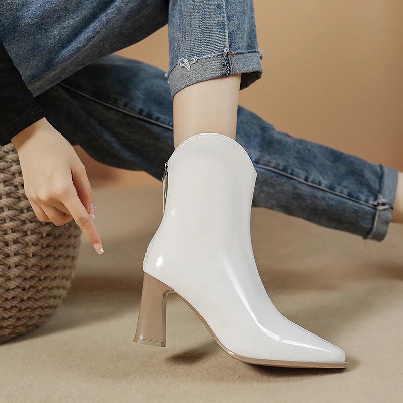 

Женские ботильоны, 2024 г., белые женские ботинки высокого качества, пикантные простые офисные женские туфли на высоком каблуке 8 см с острым носком