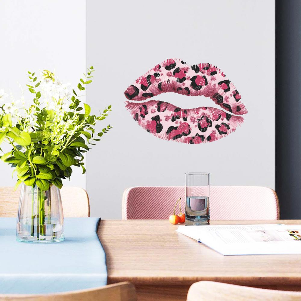 Creative Pink Leopard Print Red Lip Wall Decoration Stickers for Bathroom and Bedroom Walls