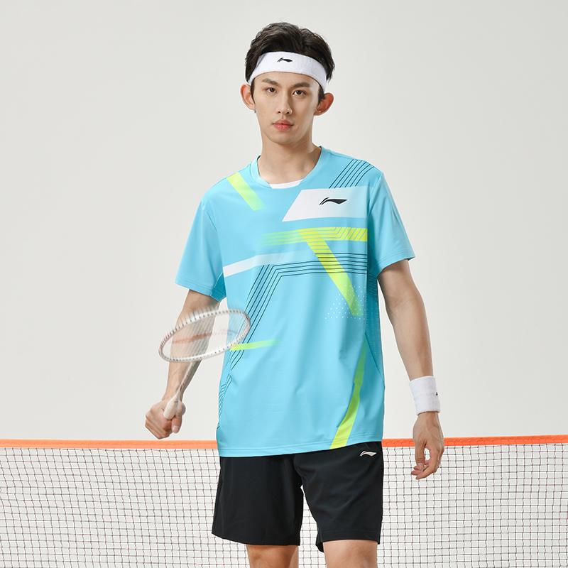 Li Ning Badminton Series Striped Quick-Dry Straight-Cut Short Sleeve T-Shirt Men Tops Sky-Blue AAYU137-3