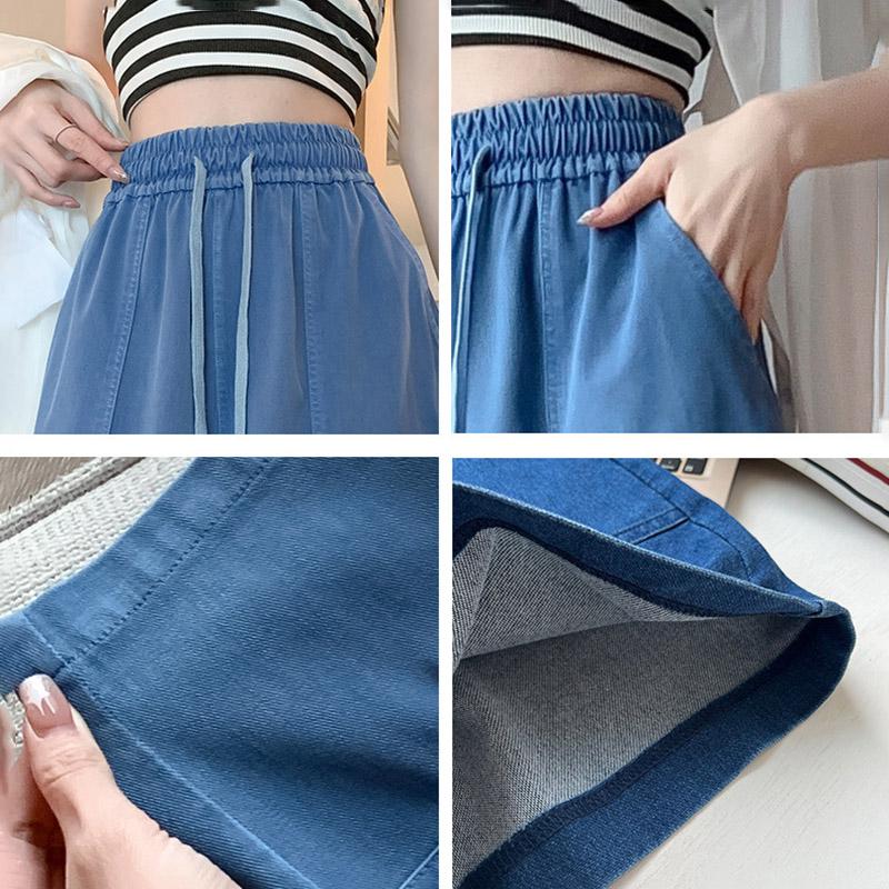 Plus Size Women's Sport Shorts Stretch Elastic Waist Washed Solid Color Lyocell Thin Wide Leg Shorts with Large Pockets