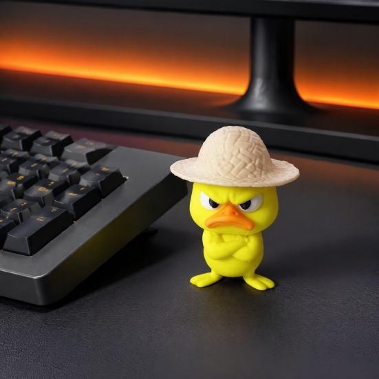 Angry Little Yellow Duck Figurine 4Pcs 3D Printed Figurines, Mini Grumpy with Straw Hat, Compact Ornament for Monitor Stand Cute Cross-Arms