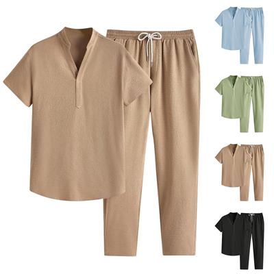 Herren Frühling Kurzarm V-Ausschnitt Knopflose Oberteil Hose Anzug Herren Casual Mode Anzug
