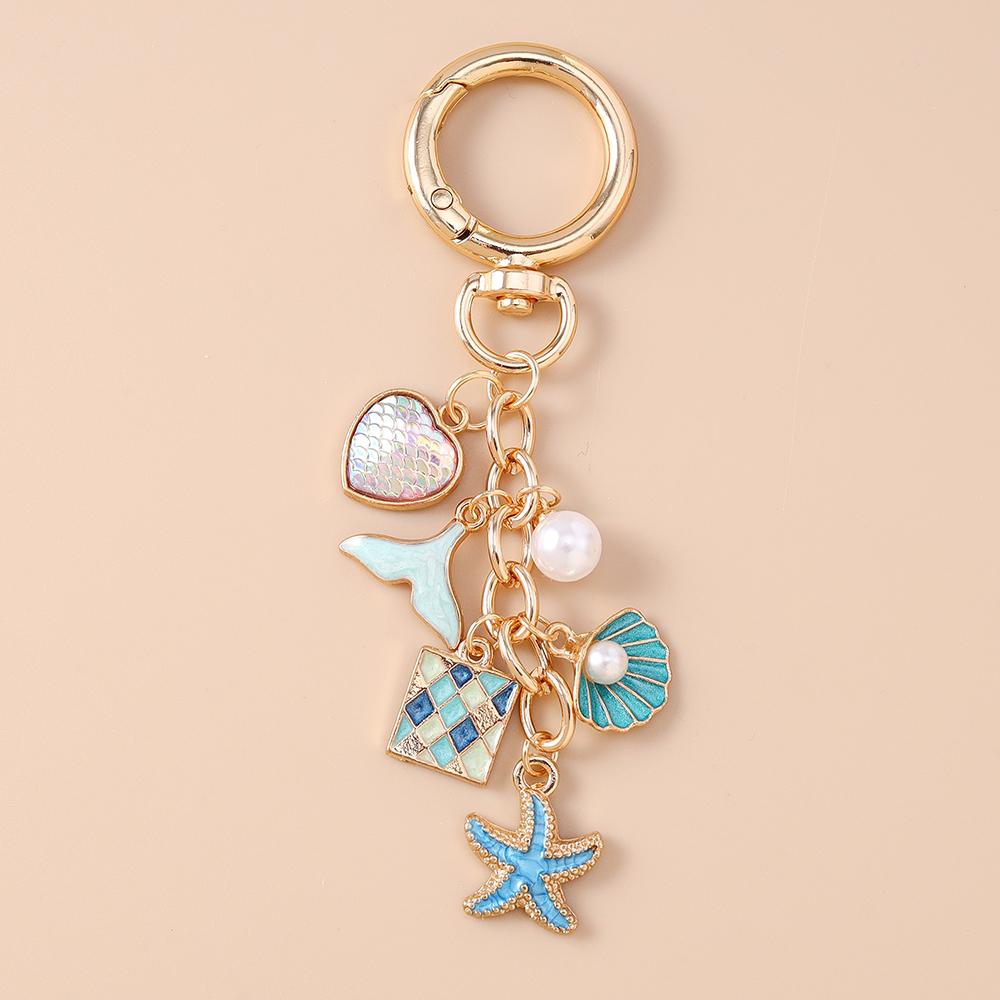 Summer Beach Mermaid Shell Starfish Keychain Women Girls Pearl Love Heart Key Ring Pendants for Handbag Decor DIY Jewelry Gifts