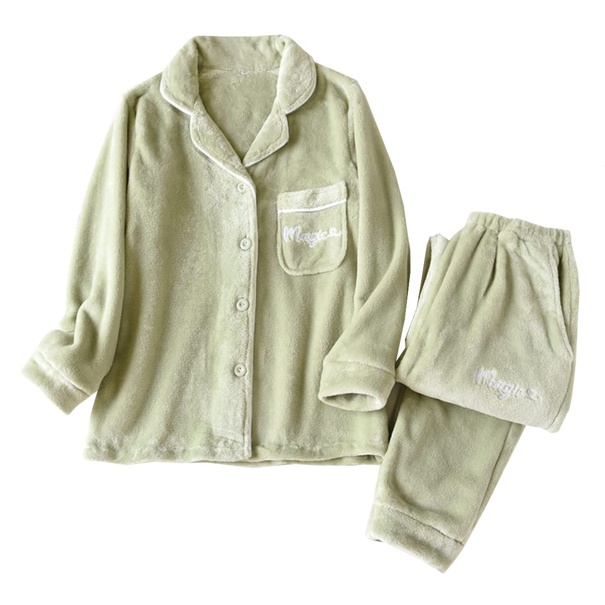 

GDenFrog Пушистые пижамы с длинными рукавами и из фланели, теплые для осени и зимы, женские пижамы, брюки, комплект, зелёный