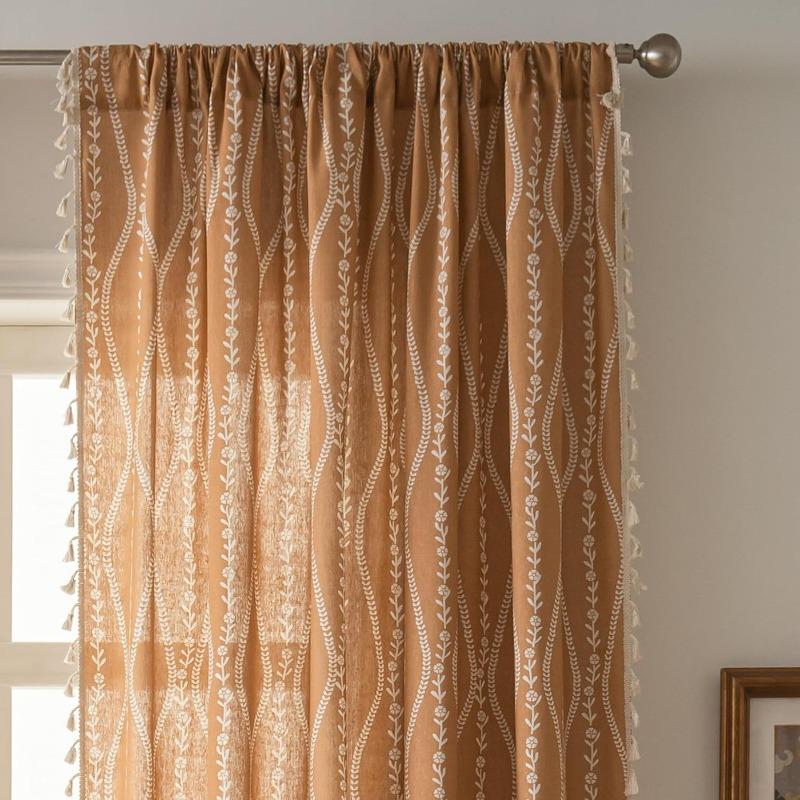 Stripe Floral Boho Curtains for Bedroom Living Room, Bohemian Vintage Tassels Window Treatment Drape for Home Decorations Rod Pocket,1pc