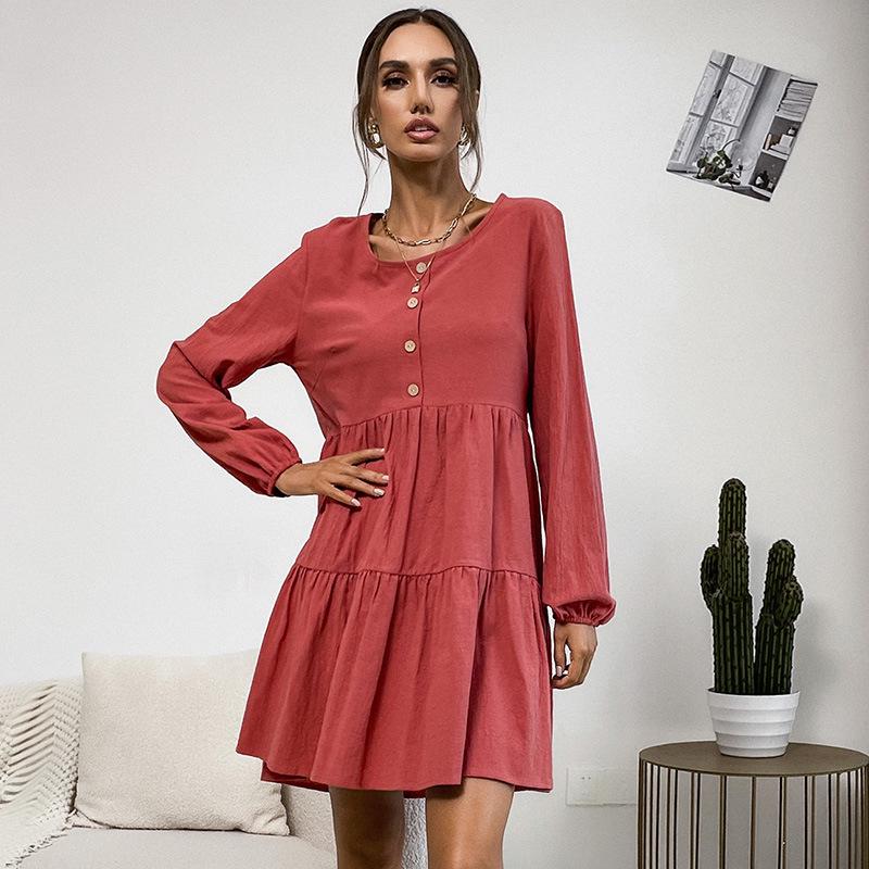 European & American Women's Pleated Cotton Linen Long-Sleeve Casual Dress