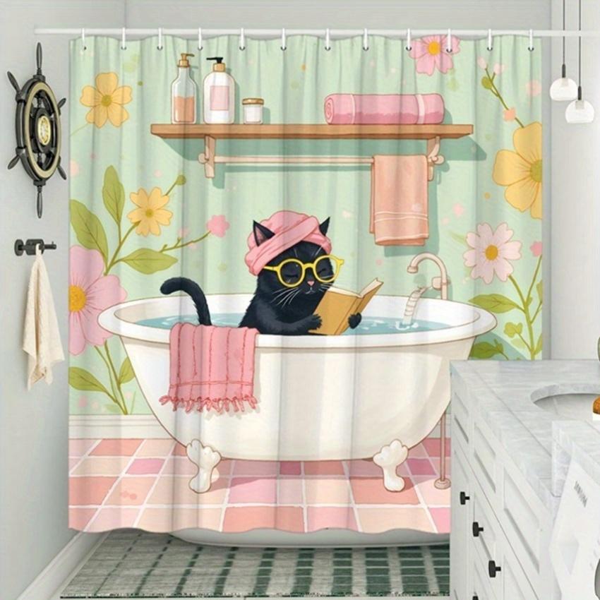 Adorable Cat In Bathtub Shower Curtain - Water-Resistant Fabric for Bathroom - Ideal for Whimsical and Pet Lovers