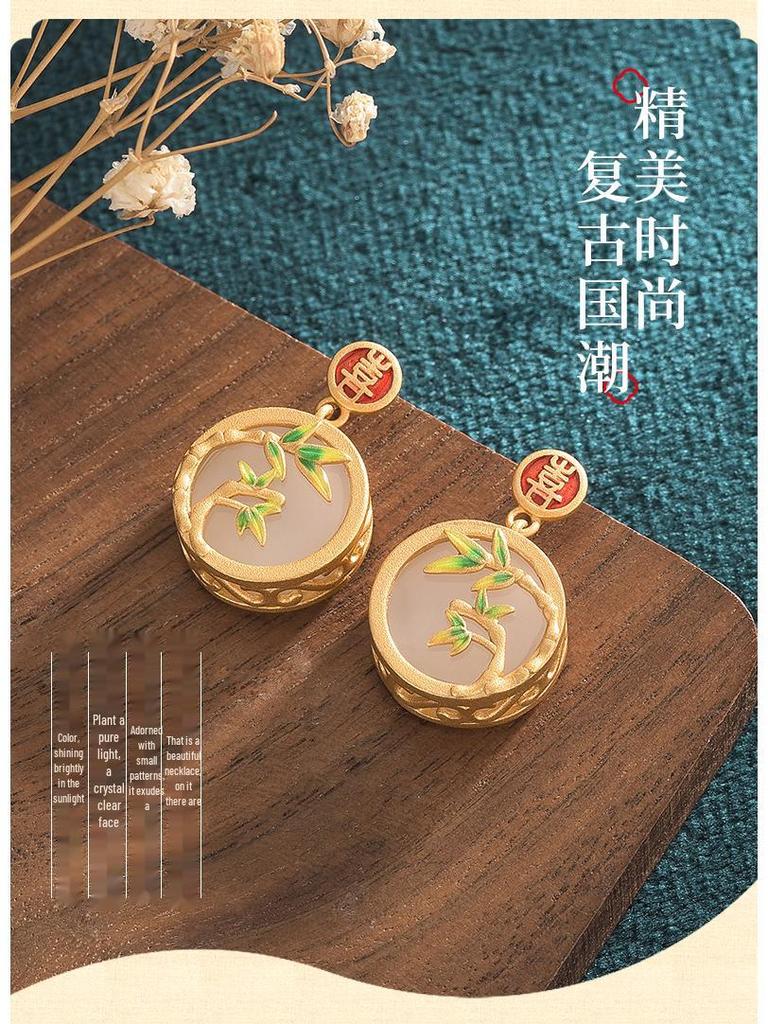 Chinese Style Hanfu-Style Enamel & Jade Imitation Stud Earrings with 925 Silver Needle
