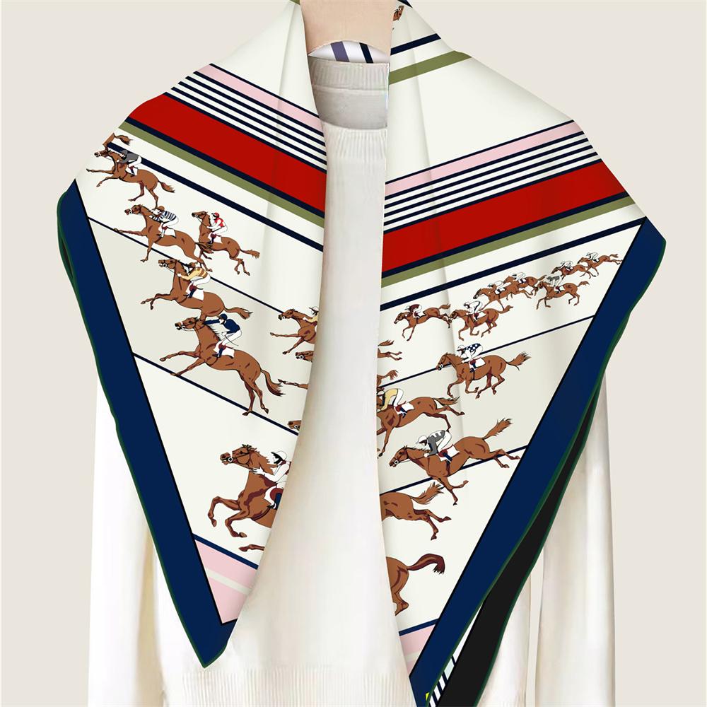 POBING Manual Hand Rolled Twill Silk Scarf Women Horse Double Print Square Scarves Wraps Echarpes Foulards Femme Hijab 90CM