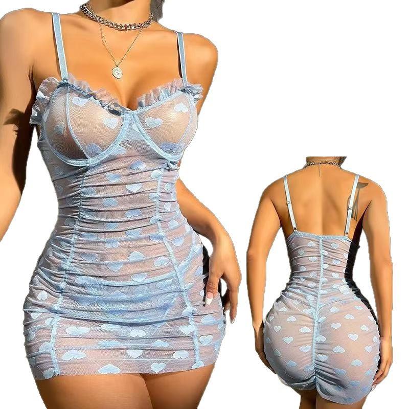 European & American Heart Print Lace-up Mesh Nightgown