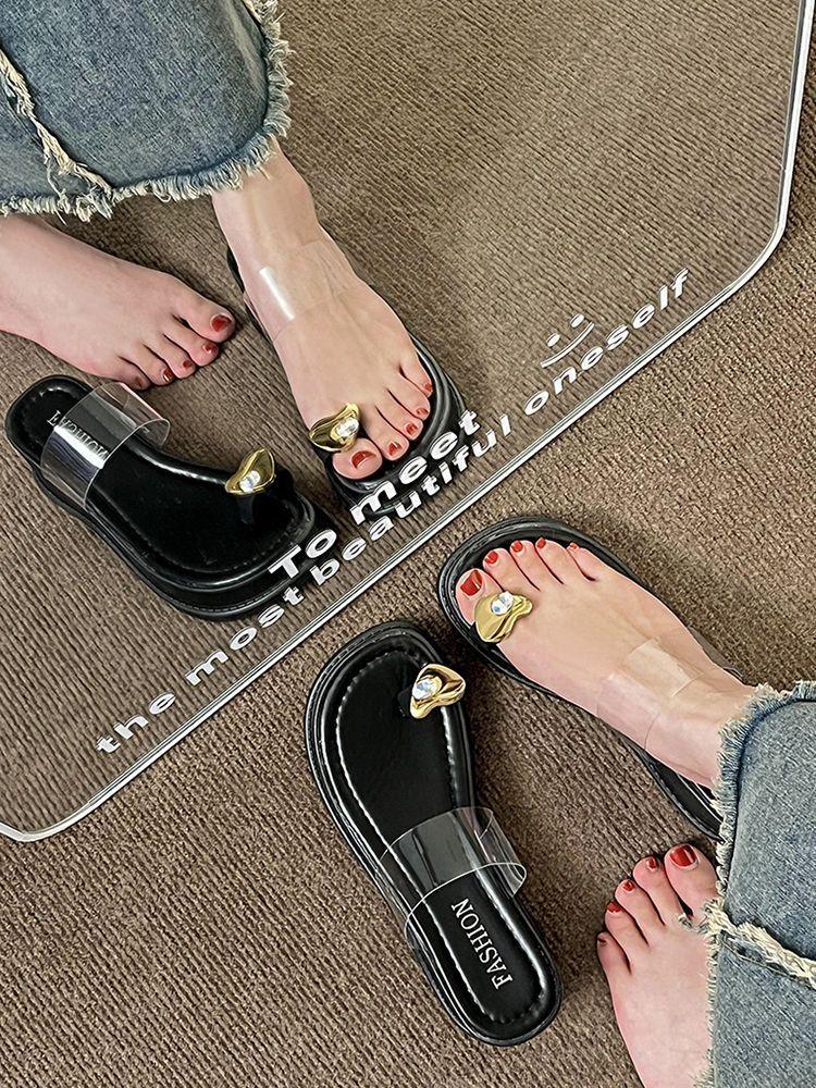 Muffin thick-soled wedge sandals women's outer wear 2025 summer new Internet celebrity transparent one-word strap toe fashion sandals