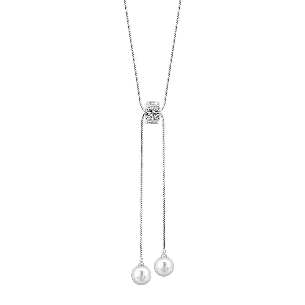 Autumn And Winter Fashionable Simple Long Fringed Necklace Women'S Pearl Zircon Rubik'S Cube Sweater Chain Autumn And Winter Versatile