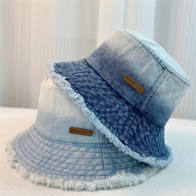 Spring New Gradual Change Raw Edge Washed Denim Bucket Hat Women's Leisure Sunshade Sunscreen Hat Women's Bucket Hat