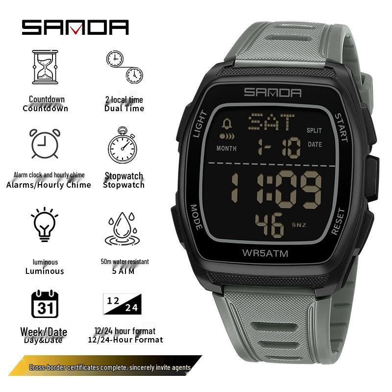 Sanda Wasserdichte Sport-Chronographenuhr für Herren - Multifunktionales Tonnenförmiges Design