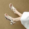 Fashion New Summer Sandals Split Leather Sandals for Women Fashion Round Toe High Heels Sandals Ladies Shoes Golden Gladiator Shoes