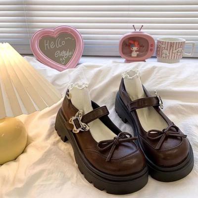 With Bow Japanese Style Lolita Medium Heels Round Toe Women's Shoes Gothic Platform Mary Jane Ladies Pumps Chic Point Vacation