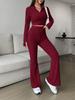 Fashion Solid Stitch Two-Piece Set with Zipper Long Sleeve Crop Top and High Waist Wide Leg Pants Women Casual Outfit