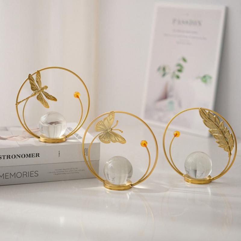 Crystal Ball Iron Art Ornament Golden Metal Frame Sphere Tabletop Decor Craft Butterfly Leaf Dragonfly Style for Living Room Entryway TV Cabinet