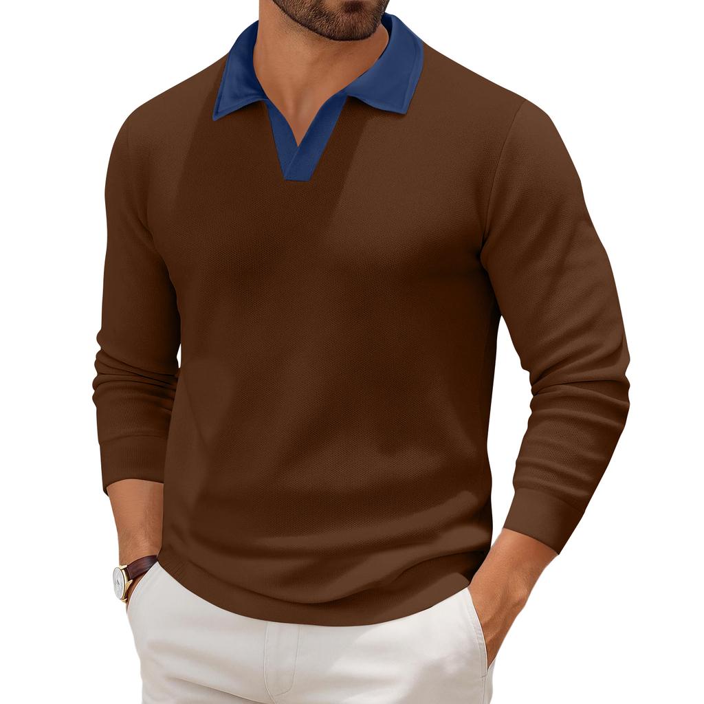 Men's Casual Color-Block Collared Long-Sleeve Knit Base Layer Top