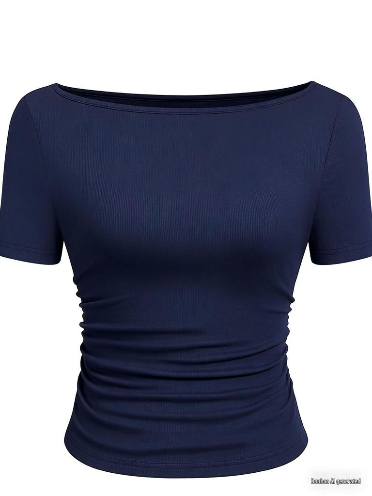 2025 Jesień Dopasowany Damski Top z Dekoltem Łódkowym, Dzwonkowym Rękawem i Marszczeniami - Jednolity Kolor, Długi Rękaw