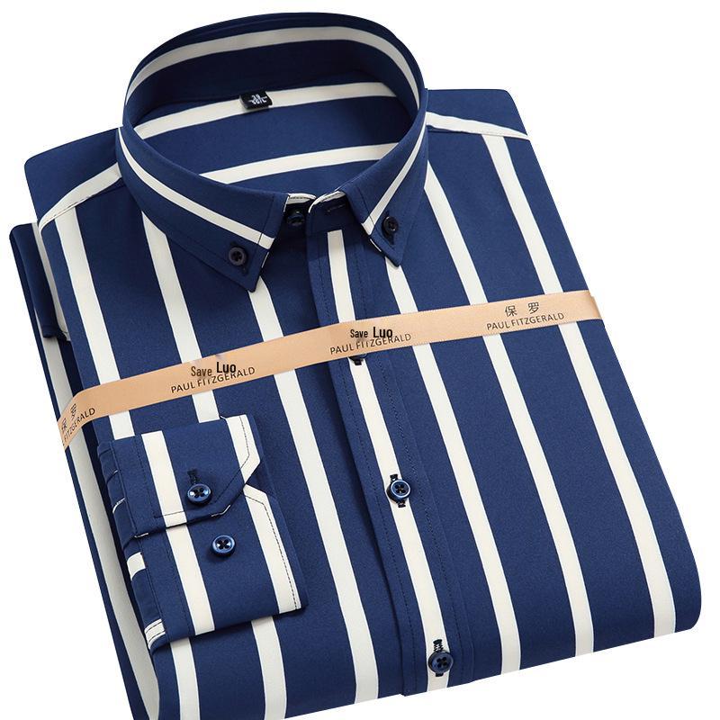 Men's Spring Easy-Care Striped Long Sleeve Stretch Slim Fit Shirt - Iron-Free Business Wear