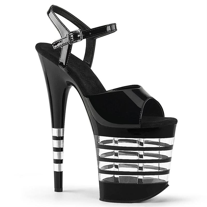 

fashion stage catwalk high heels, lacquered platform striped decorative sandals, sexy 20cm heels 45 чёрный