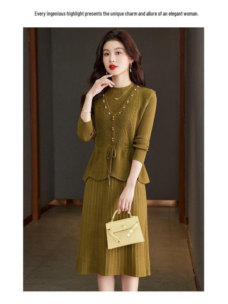 Two-Piece Knit Vest & Dress Set: Mid-Length, Slim-Fit, Autumn/Winter Fashion