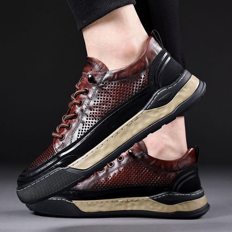 Men's board shoes casual leather shoes men's summer hollow breathable cool leather shoes real cowhide sports shoes youth shoes black