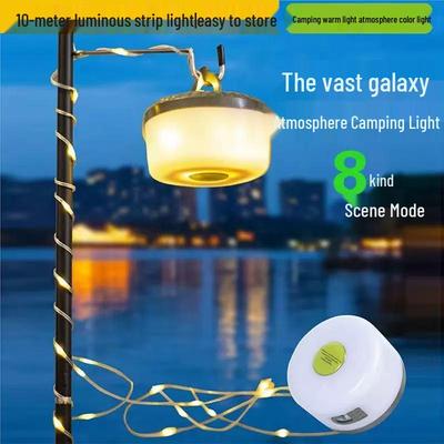 Wasserdichte LED-Lichterketten für Camping mit Maßband, Aufbewahrung, Ladefunktion und dekorativer Atmosphäre.