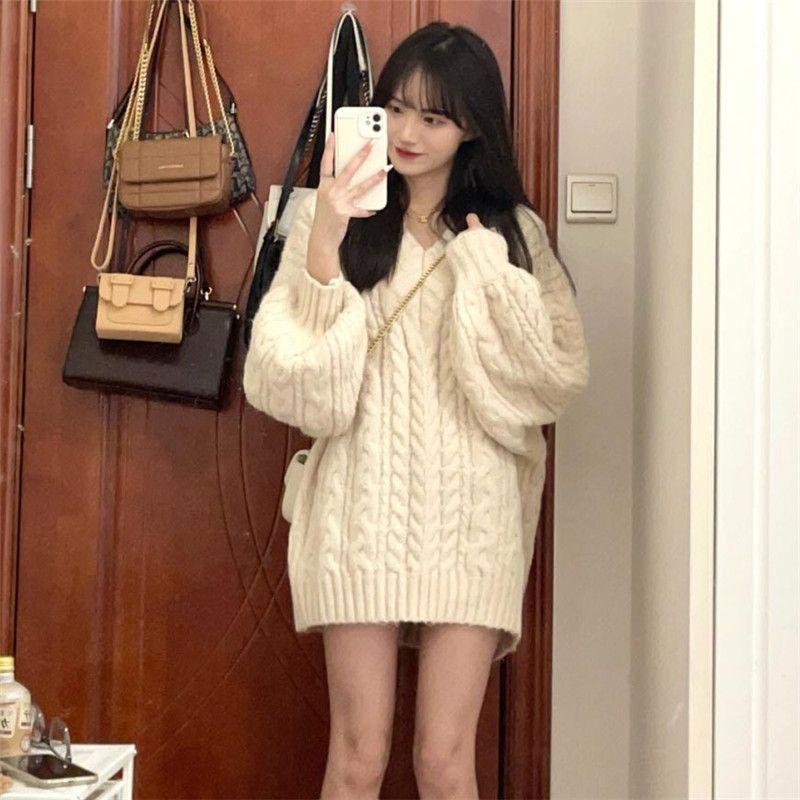 Dámský svetr s výstřihem do V Vintage Ležérní Volný Pevný Pletený Svetr Preppy Roztomilé topy Podzim Zima Korejský módní svetr