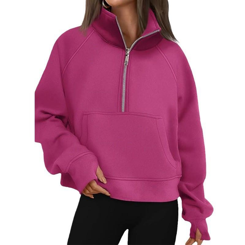 Womens Winter Fleece Hooded Sweatshirt Loose Fit Long Sleeve Raglan Half Zip Pullover Streetwear