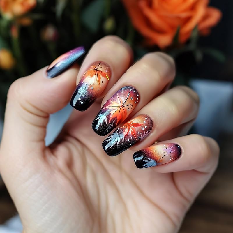 Fall Maple Leaf False Nail Thanksgiving Press On Nails Almond Shaped Medium Autumn Acrylic Artificial Fingernails Full Cover Glossy Thanksgiving