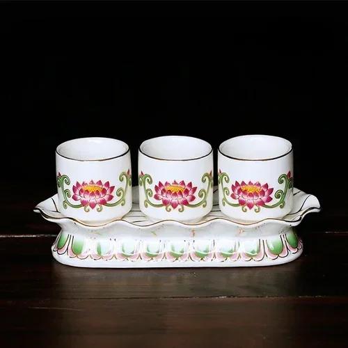 Chinese ceramic Guanyin water supply cup, three supply cups, Buddha cup offering ornaments feng shui  Buddhism