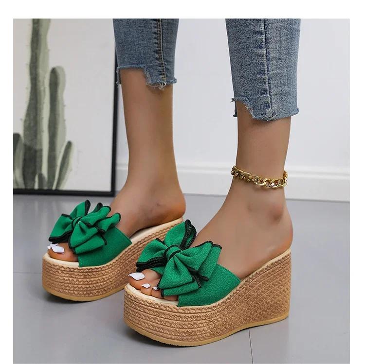 Fashion 2025 Women Slippers Fashion Pee Toe Summer Footwear Luxury Butterfly-knot High Heels Slides Platform Wedges Ladies Shoes Round