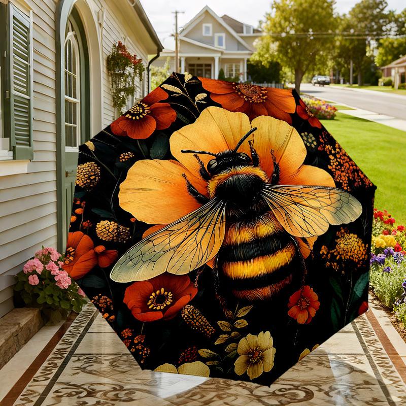1pc Bee Flowers Automatic Folding Umbrella, Heavy Duty 8 Rib Iron Frame,  Suitable for Travel, Daily Use, Birthday, Decor Gift M0104067
