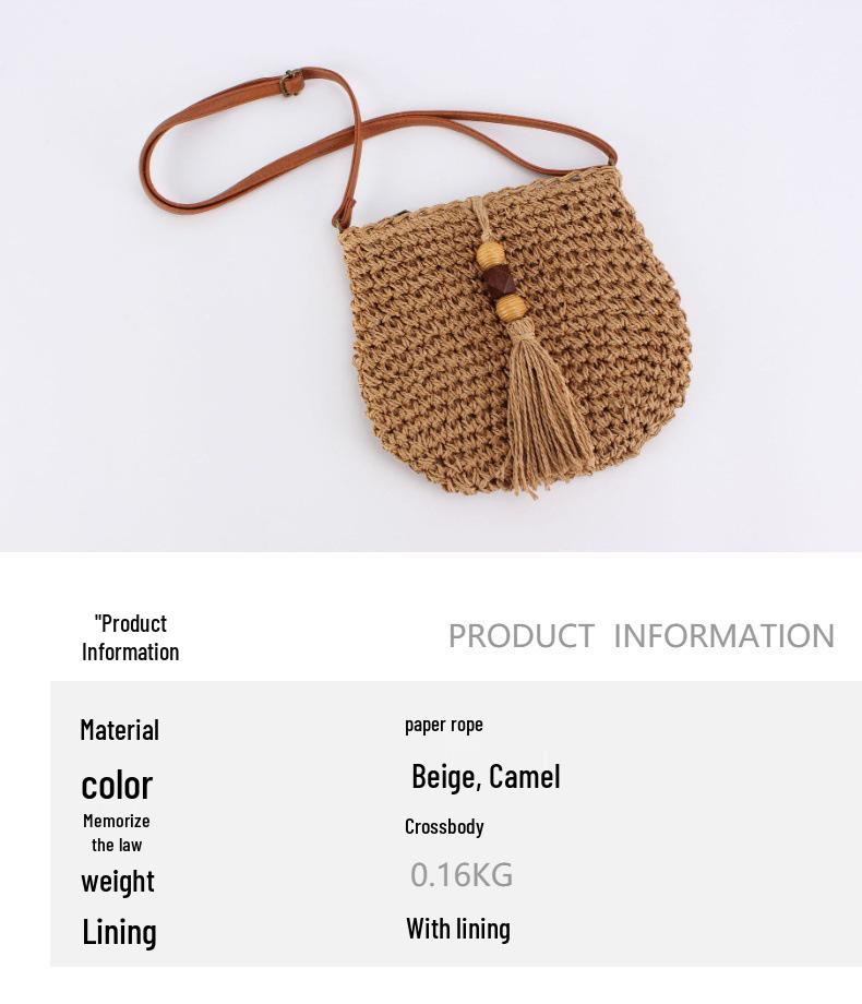 Handmade Straw Woven Crossbody Bag with Tassels & Wooden Beads – Perfect for Beach Vacations & Versatile for Women