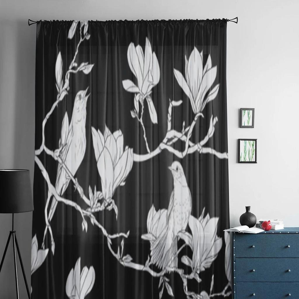 Magnolia Tree Branch with Flowers and Bird Window Curtains Sheer Chiffon Tulle Curtain Home Living Room Backdrop Decoration