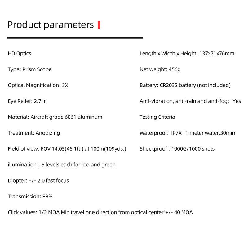 FIRE WOLF 3X30 Prism Scope Compact Hunting Prism Optics 1/2 MOA Waterproof 1000G Shots