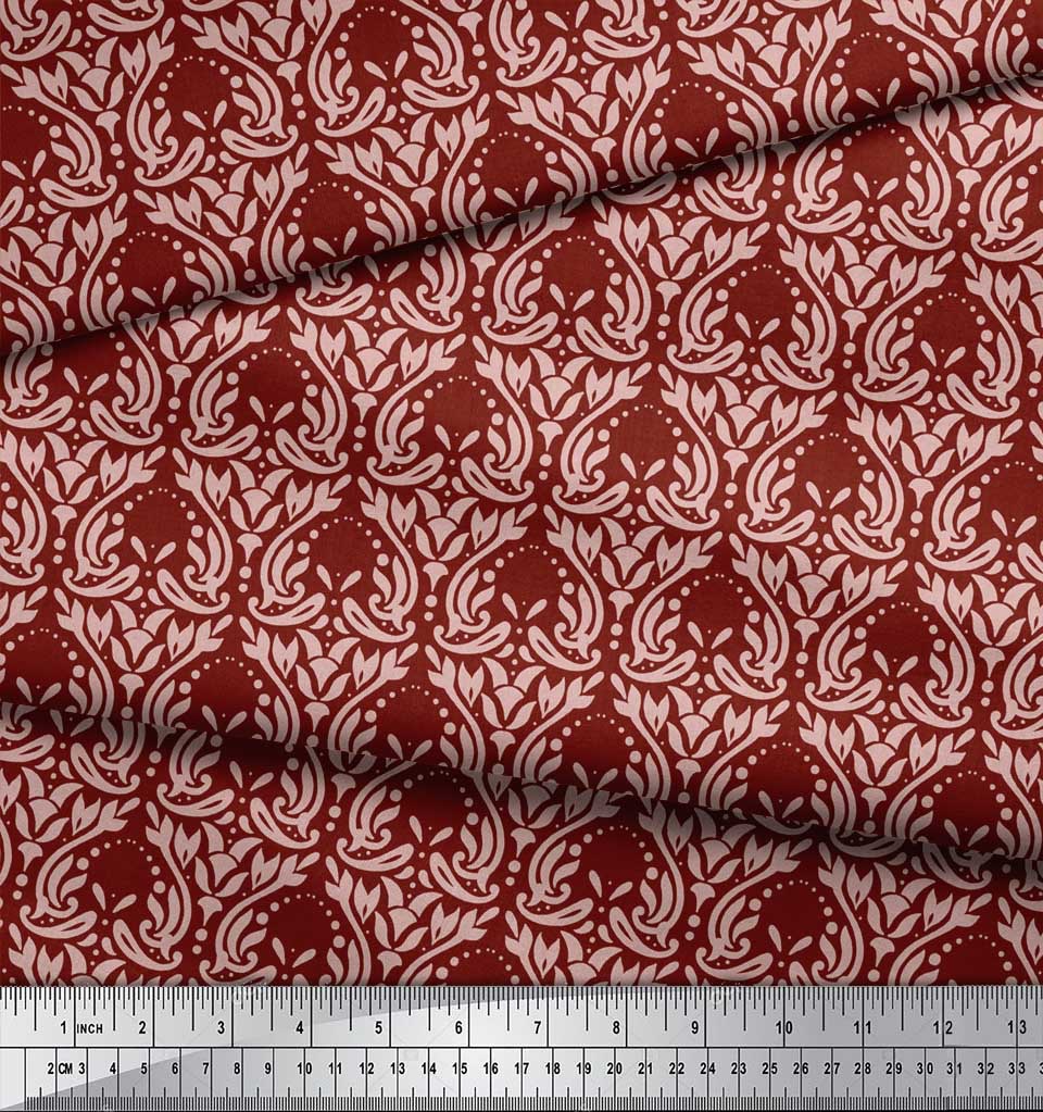 Soimoi Red Japan Crepe Satin Fabric Palmette Damask Decor Fabric Printed Metre 42 Inch