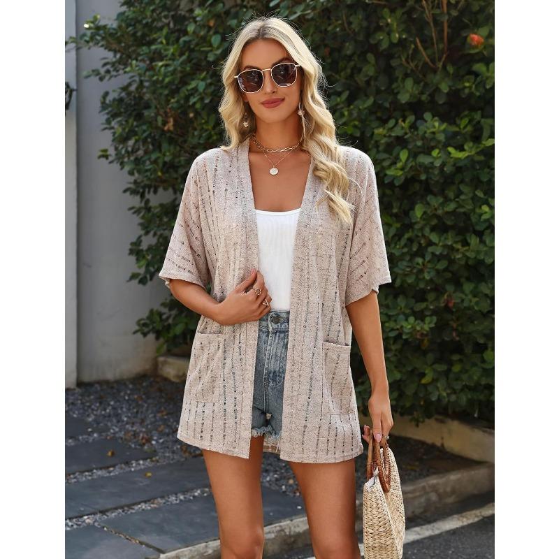 Women Casual Loose Short Sleeve Open Front Pocket Cardigan Sun Protection Outerwear