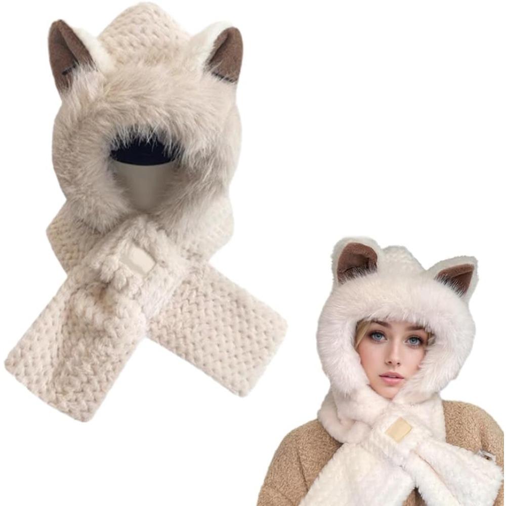 Cute Fox Ears 2-in-1 Hat and Scarf, 2026 New Winter Cold Resistant Hat Face Mask Hooded Scarf, Women's Winter Hooded