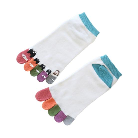 Women Cotton Toe Socks Cartoon Cat Fish Design Five Finger Socks Casual No Show Athletic Running Crew Socks