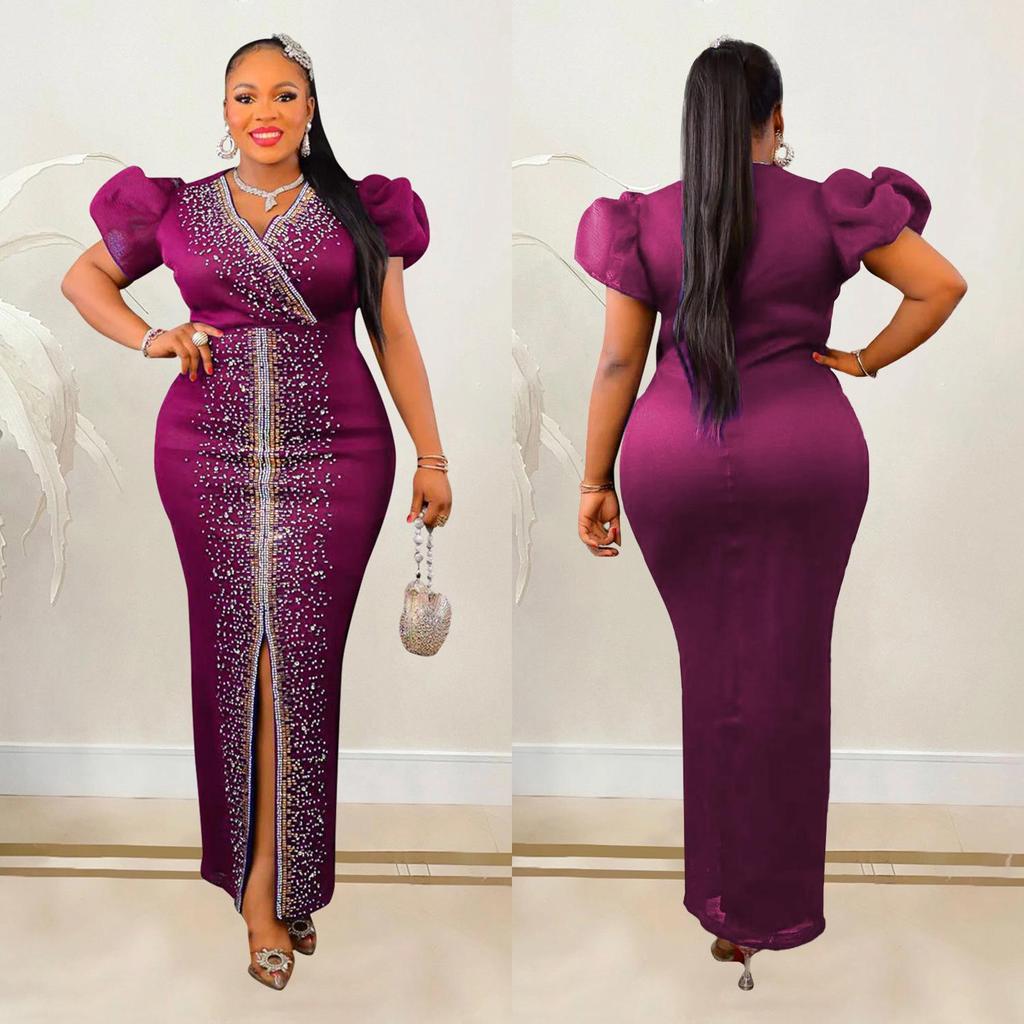 Damen Hot Drilling Puffärmel Elastischer V-Ausschnitt Langes Kleid - Europäische & Amerikanische Mode (C6500)