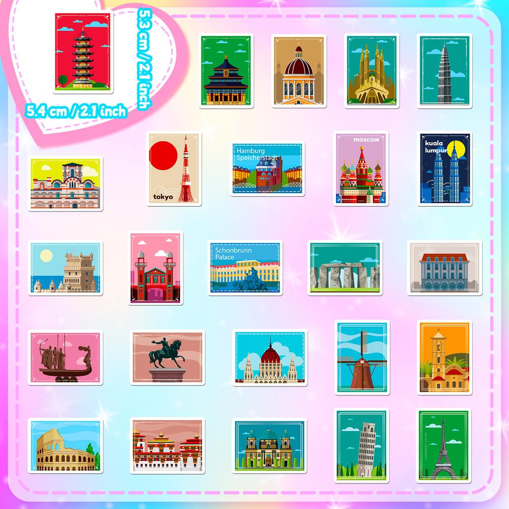 50 Posters Landmark Stickers Travel Diary Oil Painting Style World Landmark Architecture Travel City Posters