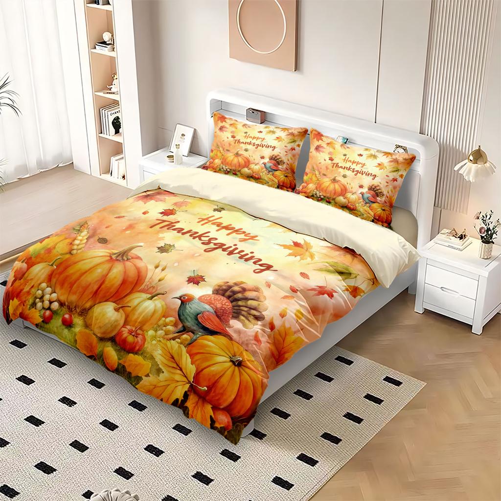 3pcsThanksgiving Pumpki Print Coreless Bedding Set Bedroom Dormitory Multi Size Machine Washable Set